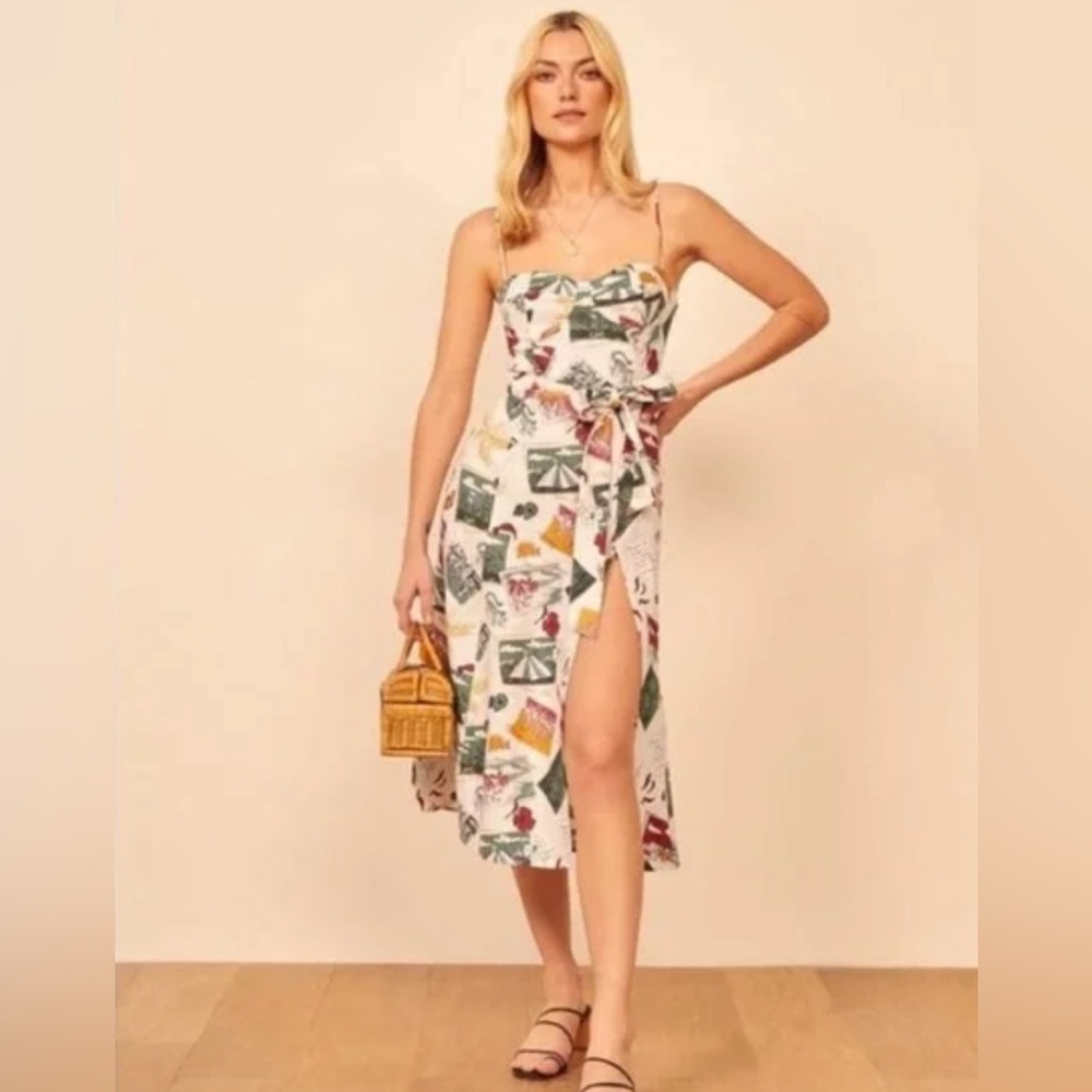 INHEE Jada Linen Midi Dress in Vacaciones Postcards